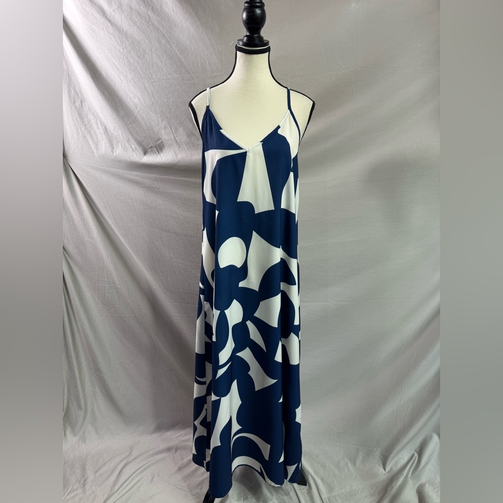 Navy Blue & White Abstract Geometric Maxi Dress | Open Back Beaded Strap - Picture 10 of 12